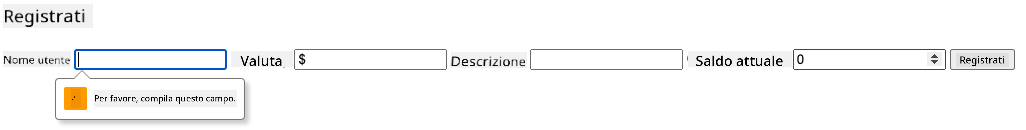 Screenshot che mostra l'errore di validazione quando si tenta di inviare il modulo