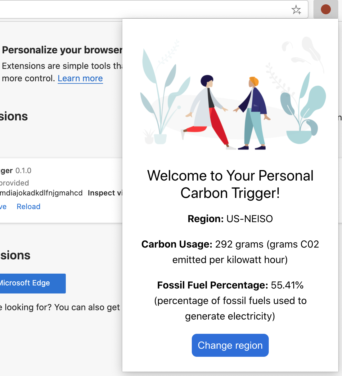 screenshot of the completed extension displaying values for carbon usage and fossil fuel percentage for the US-NEISO region.