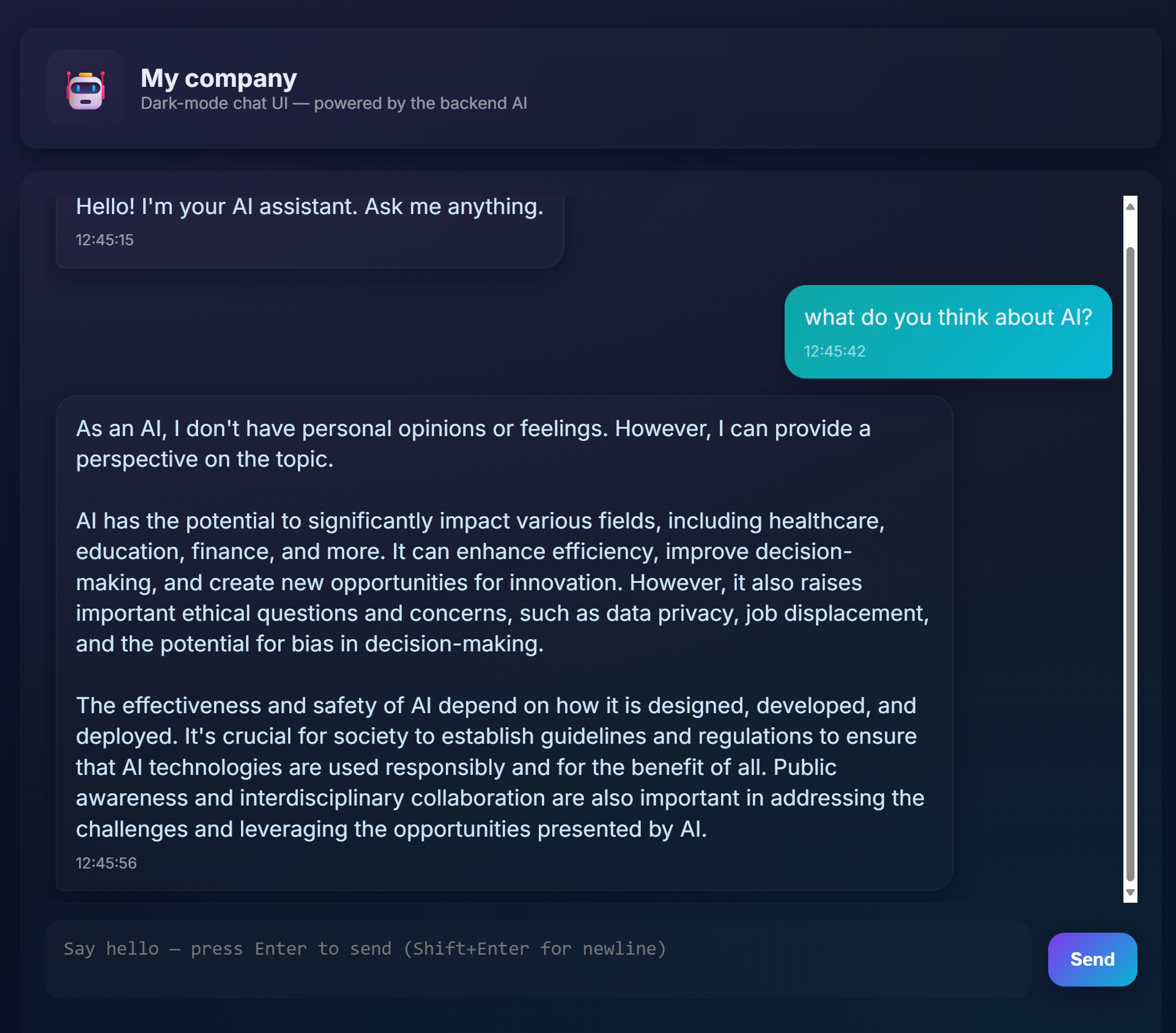 Chat app interface showing conversation between user and AI assistant