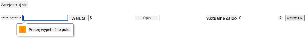 Zrzut ekranu pokazujący błąd walidacji podczas próby przesłania formularza