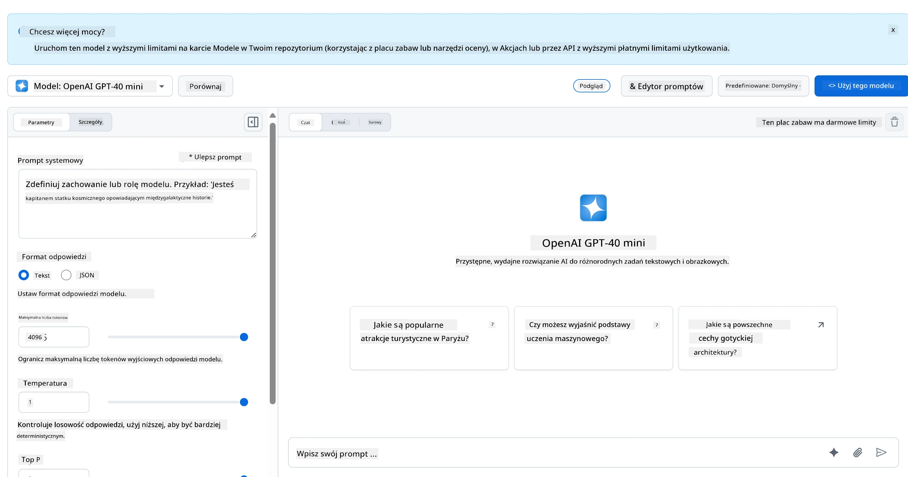 Interfejs GitHub Models AI Playground z wyborem modeli i obszarem testowym