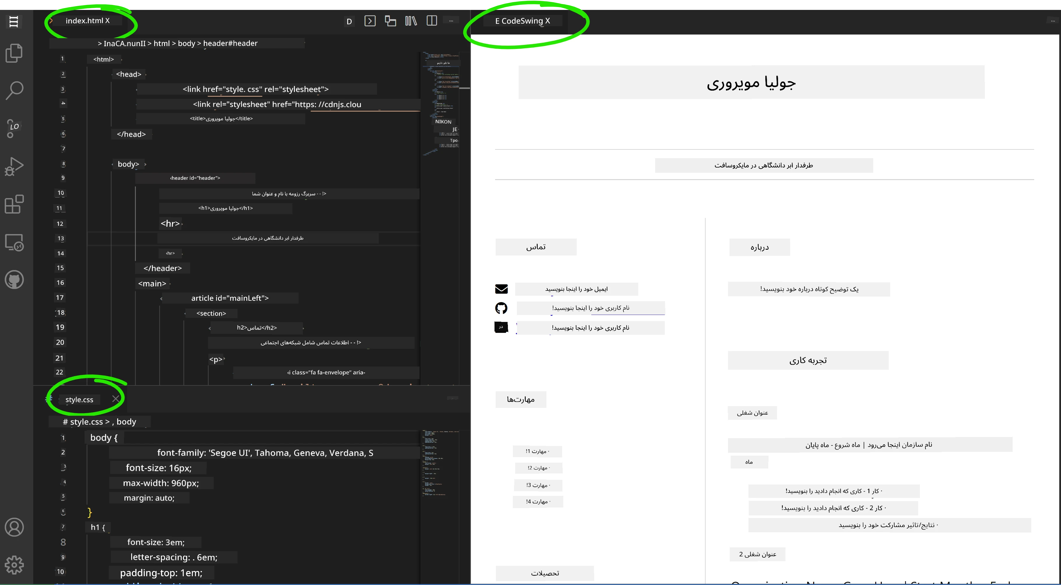افزونه CodeSwing که پیشنمایش زنده را نشان میدهد