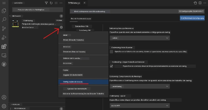 Personalizar definições da extensão