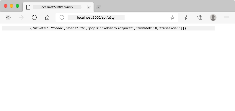 Okno prehliadača na adrese localhost:5000/api/accounts, zobrazujúce JSON reťazec s údajmi používateľa