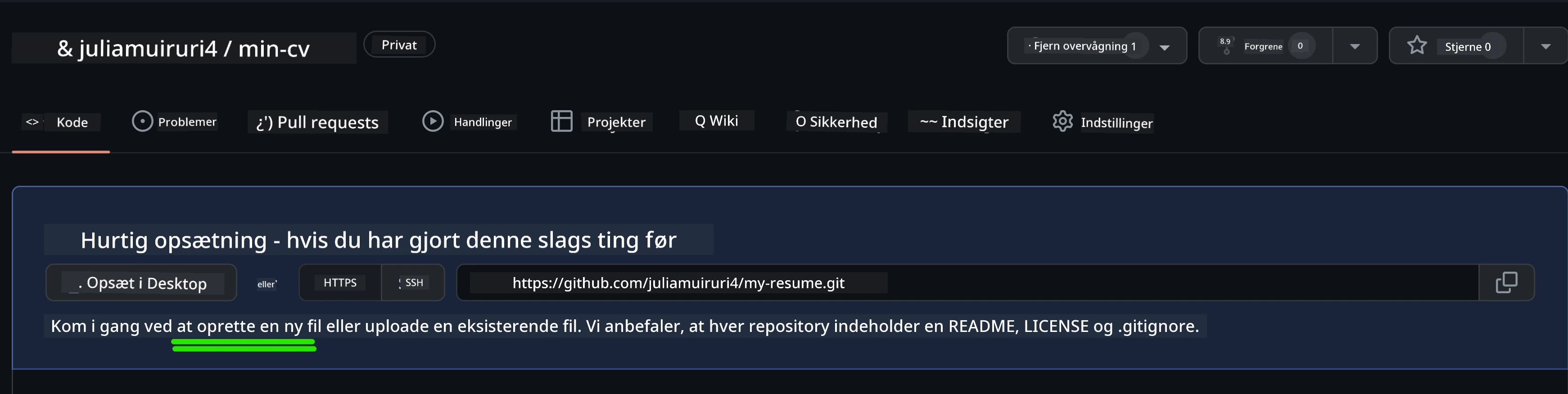Oprettelse af indledende fil på GitHub
