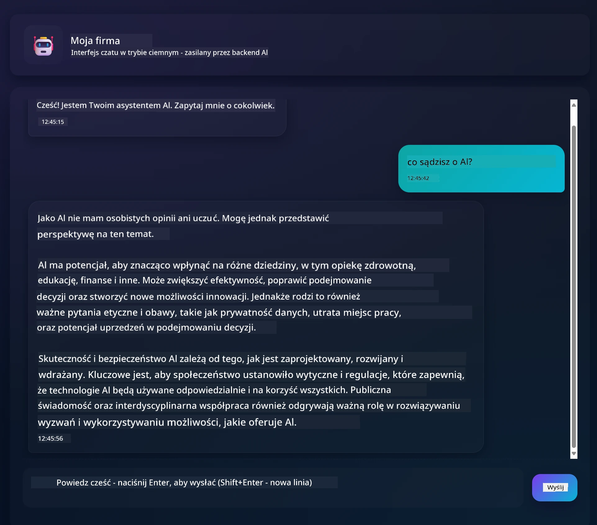 Interfejs aplikacji czatu pokazujący rozmowę między użytkownikiem a asystentem AI
