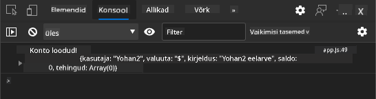 Ekraanipilt, mis näitab logisõnumit brauseri konsoolis