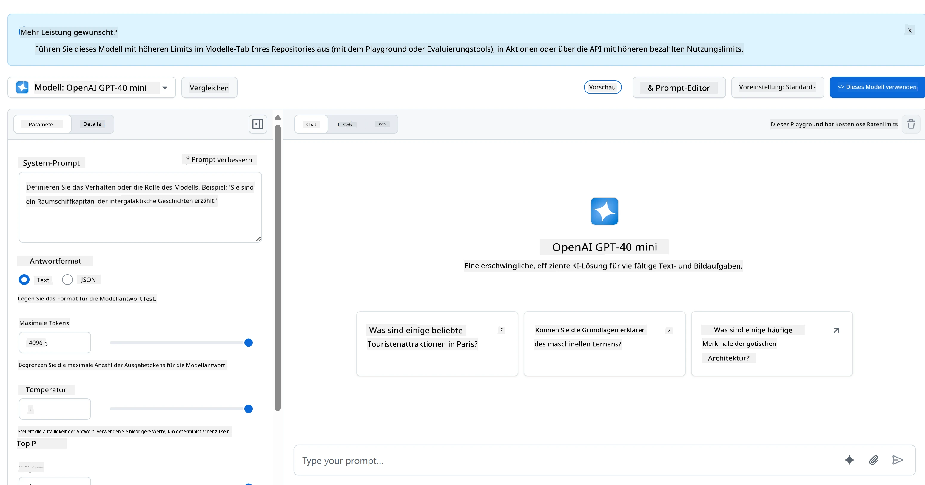 GitHub Models KI Playground-Oberfläche mit Modellauswahl und Testbereich