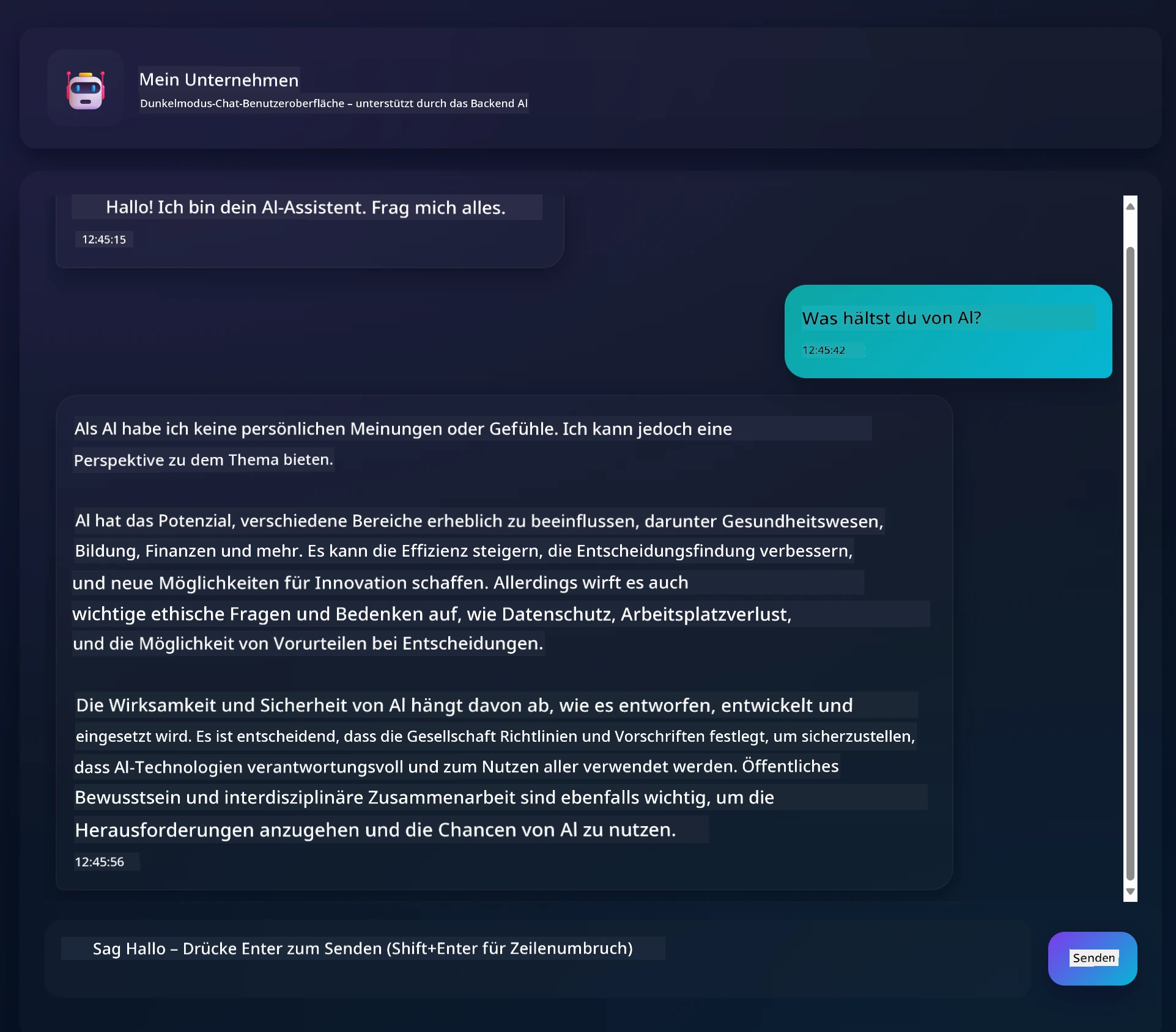 Chat-App-Oberfläche mit Konversation zwischen Nutzer und KI-Assistent