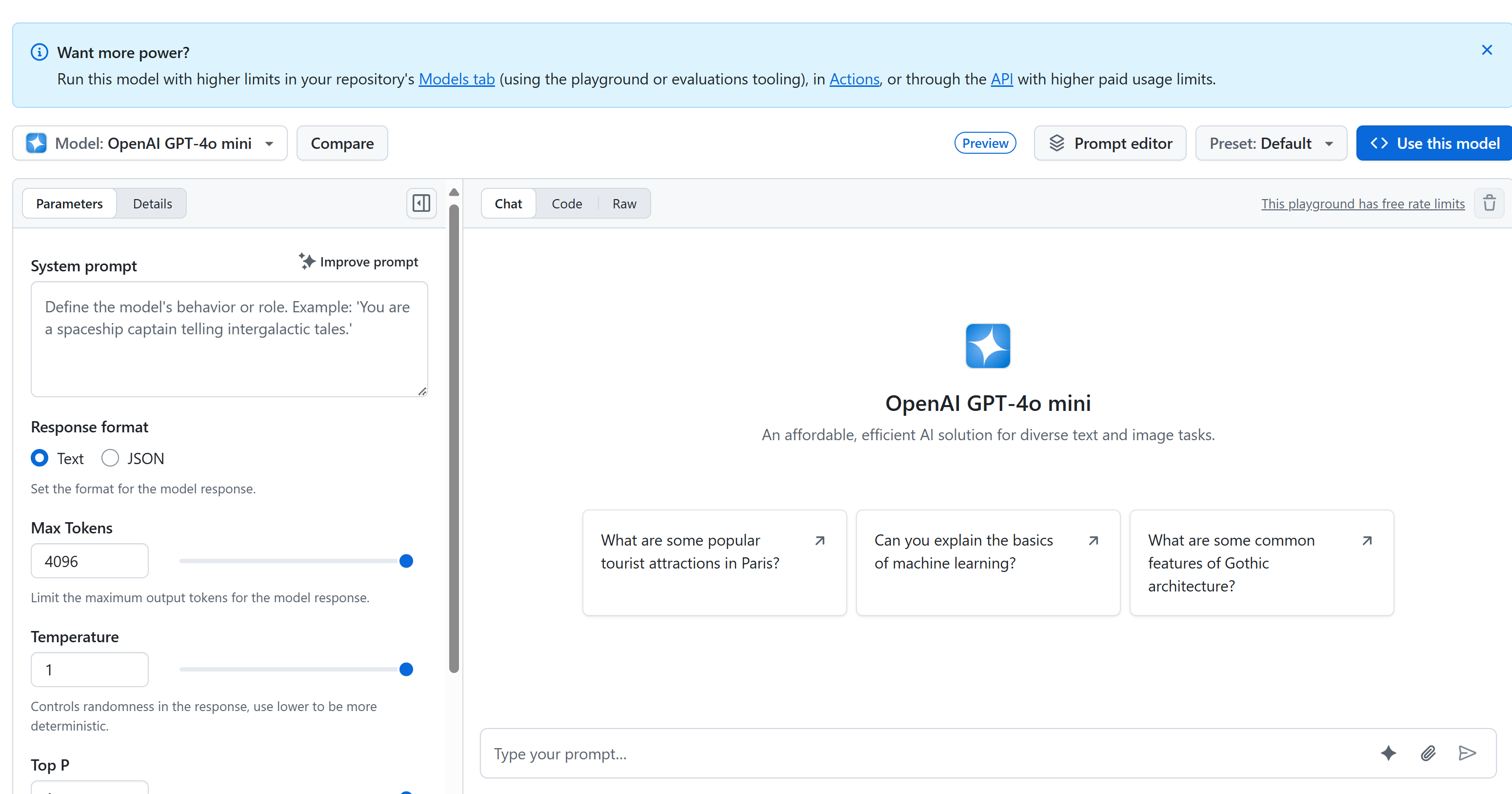 GitHub Models AI Playground interface with model selection and testing area