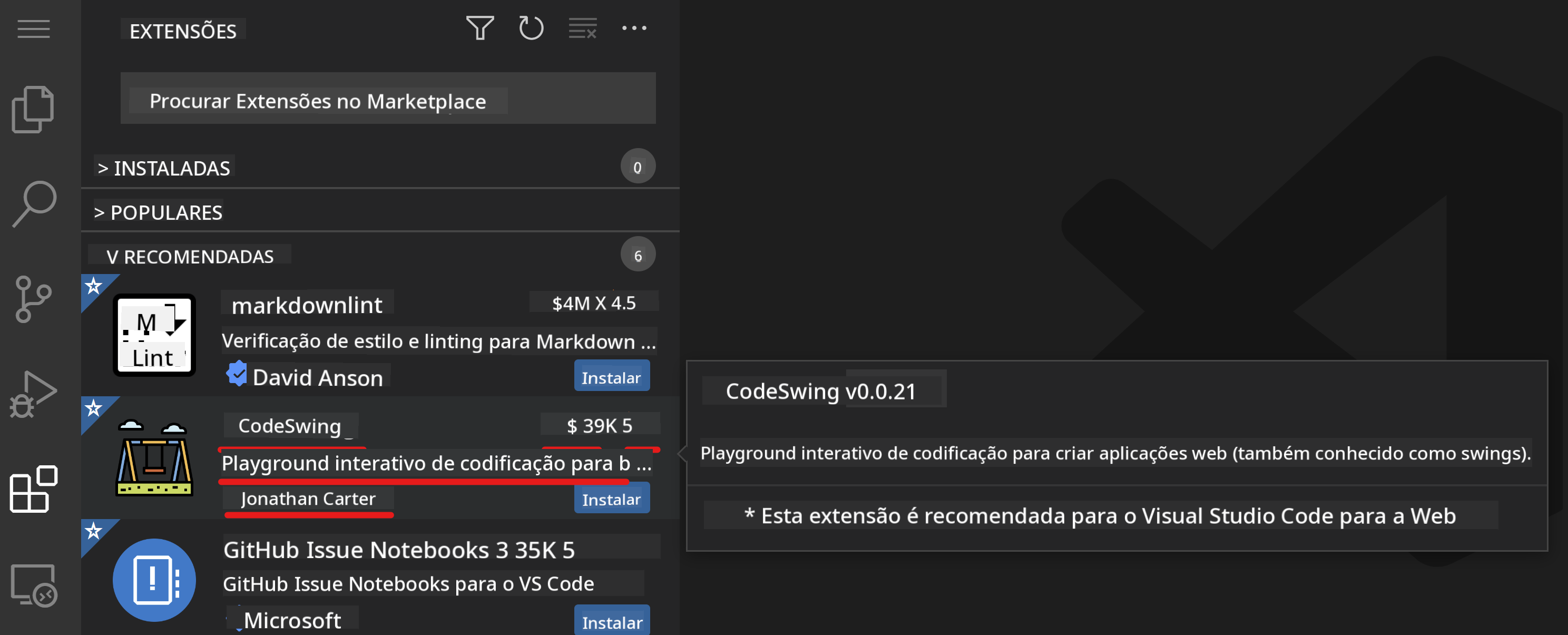 Detalhes da extensão