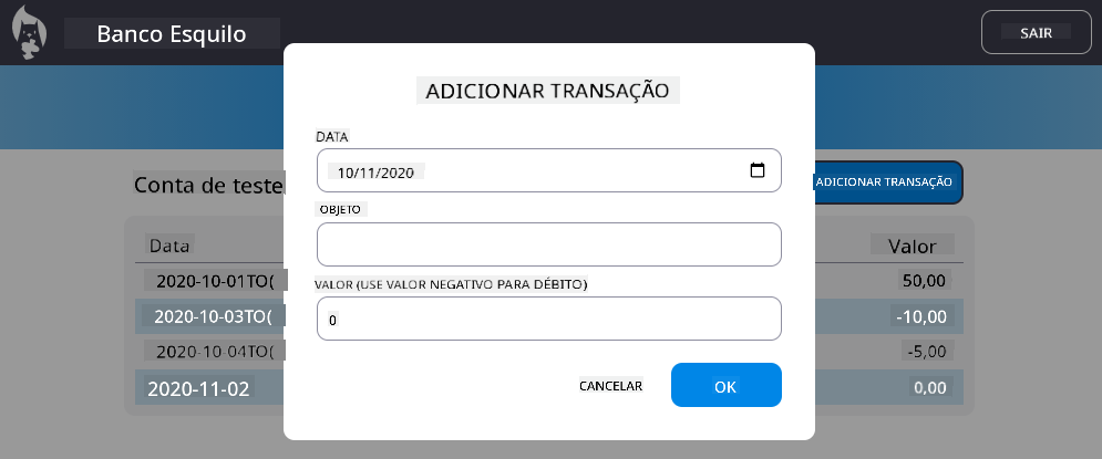 Captura de tela mostrando um exemplo de diálogo "Adicionar transação"