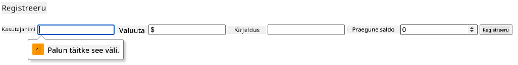Ekraanipilt, mis näitab valideerimisviga vormi esitamise katse korral