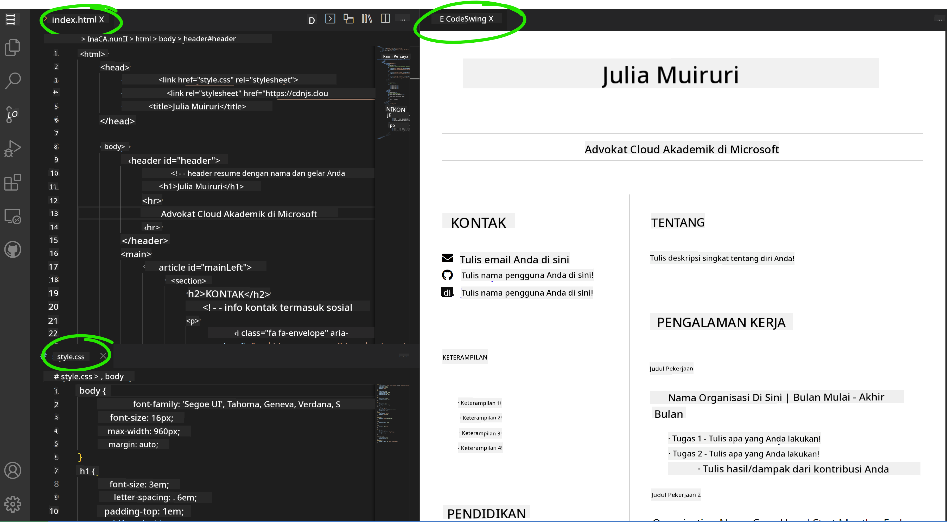 Ekstensi Codeswing dalam aksi