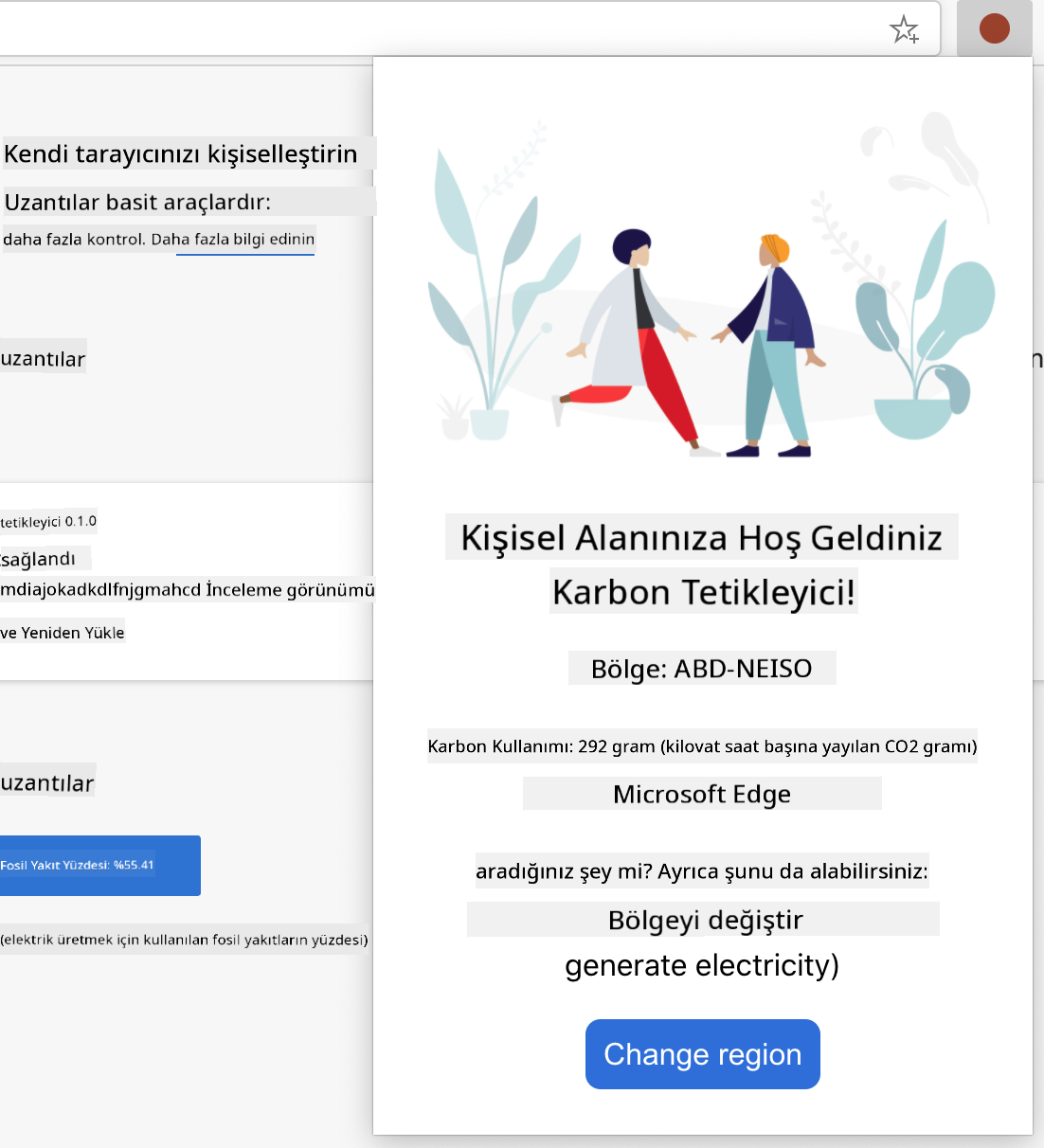 Tamamlanmış uzantının US-NEISO bölgesi için karbon kullanımı ve fosil yakıt yüzdesi değerlerini görüntülediği ekran görüntüsü.