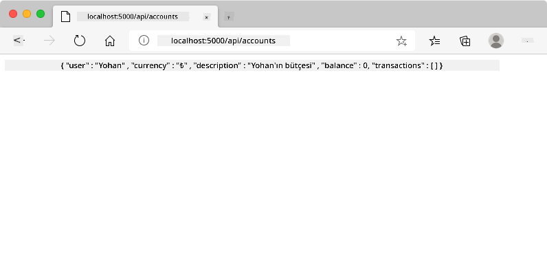 localhost:5000/api/accounts adresinde bir tarayıcı penceresi, kullanıcı verileri içeren bir JSON dizesini gösteriyor