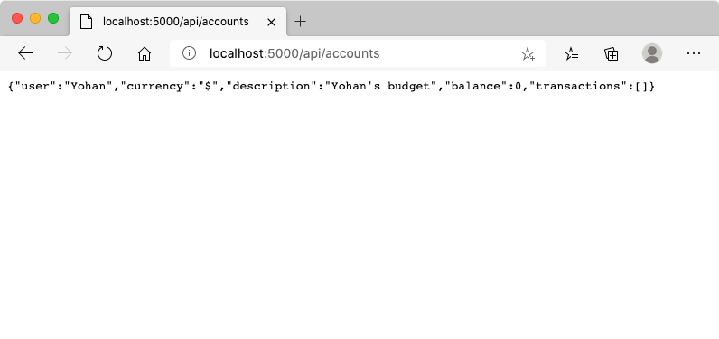 A browser window at the address localhost:5000/api/accounts, showing a JSON string with user data