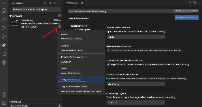 Personalizando configurações de extensões