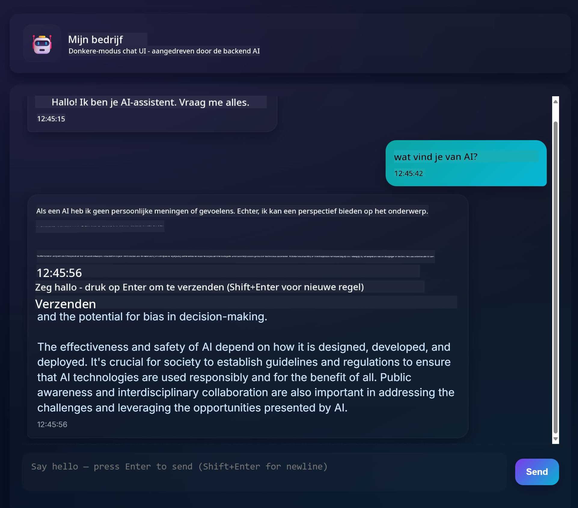 Chat-appinterface met een gesprek tussen gebruiker en AI-assistent