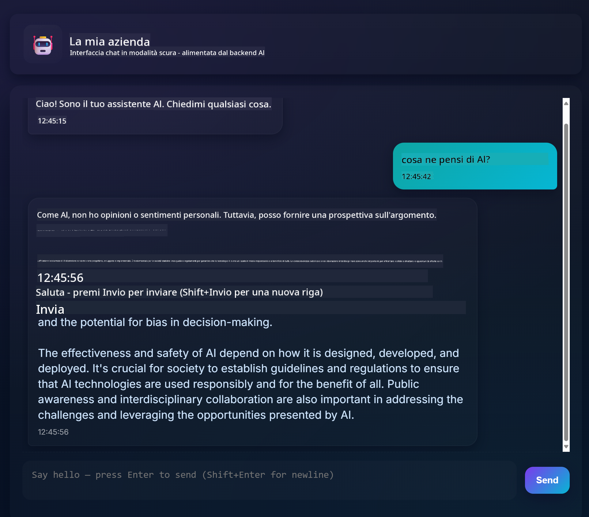 Interfaccia dell'app di chat che mostra una conversazione tra utente e assistente AI