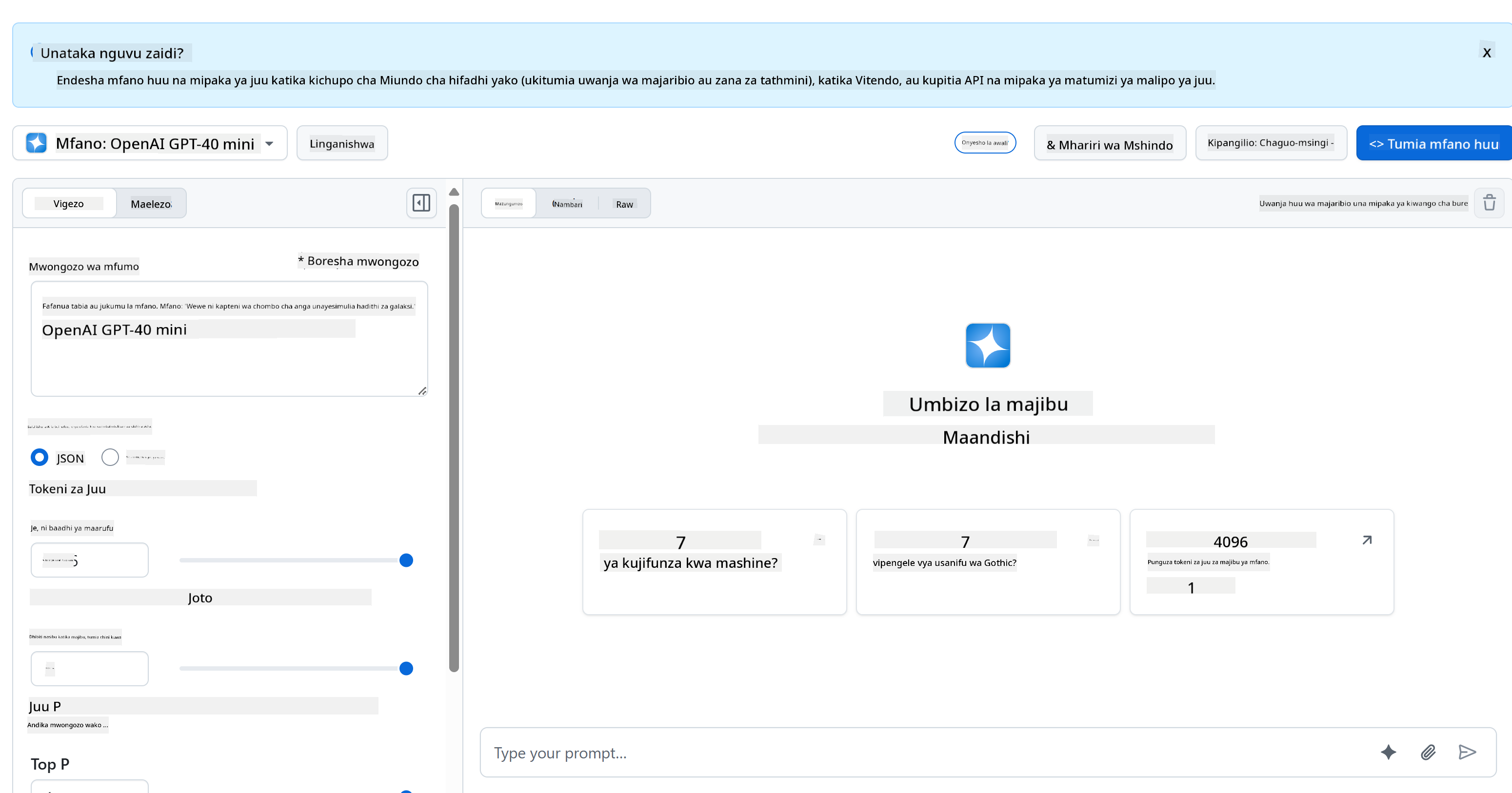 Kiolesura cha GitHub Models AI Playground kinachoonyesha uteuzi wa modeli na eneo la majaribio