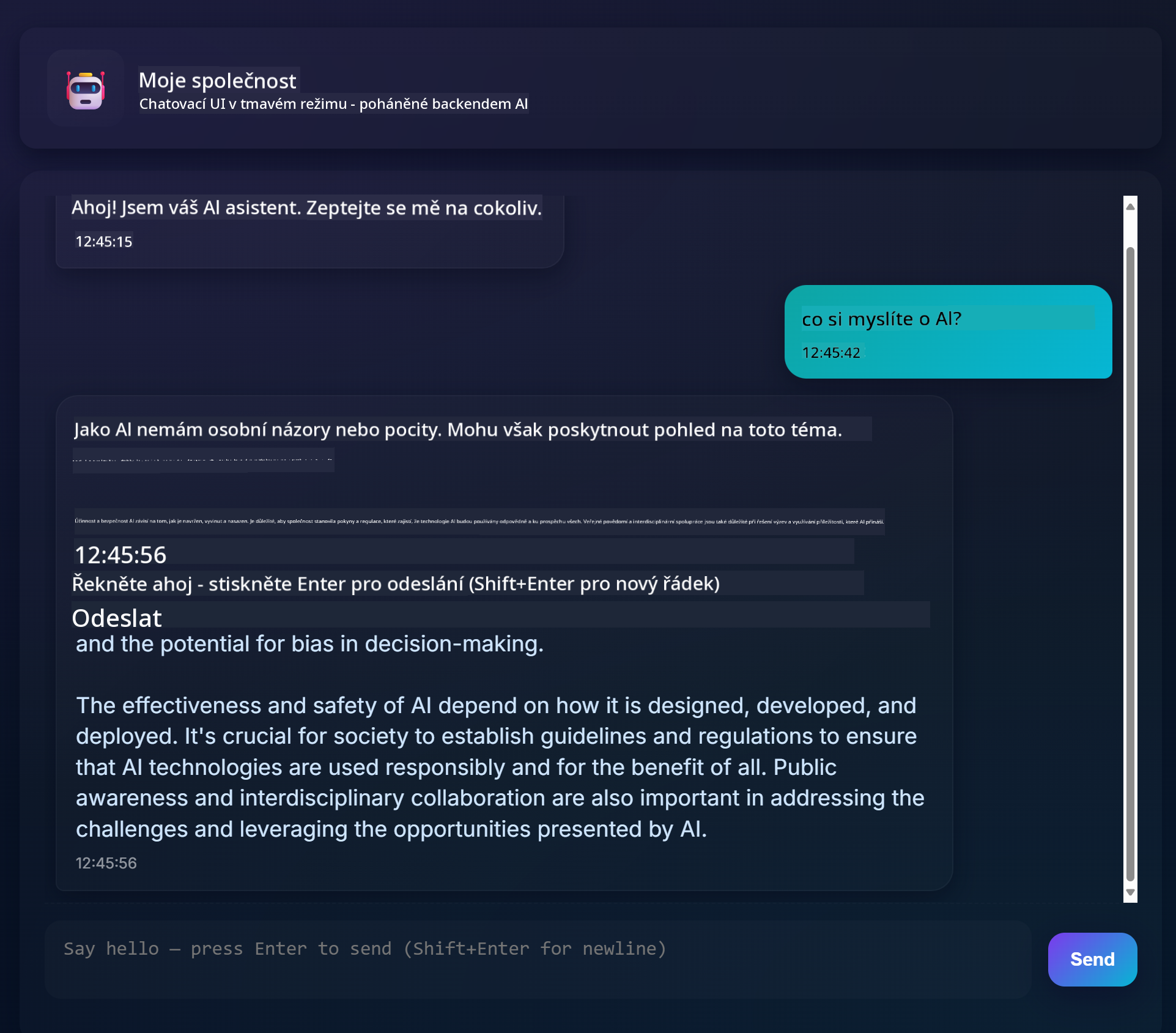 Rozhraní chatovací aplikace zobrazující konverzaci mezi uživatelem a AI asistentem