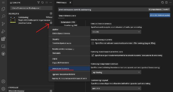 Modificare impostazioni estensione
