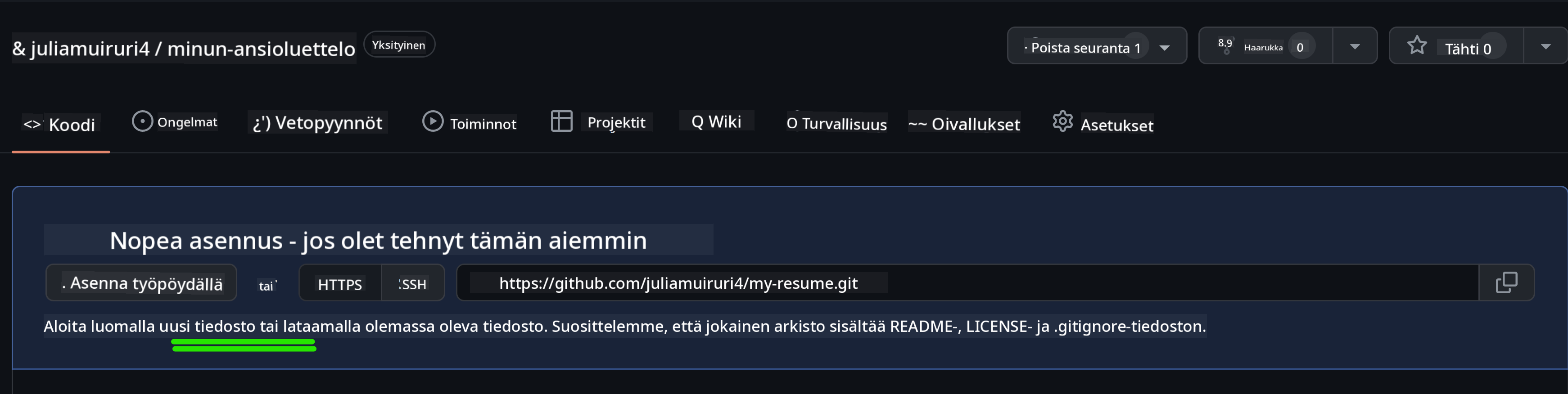 Luo uusi tiedosto github.com-sivustolla