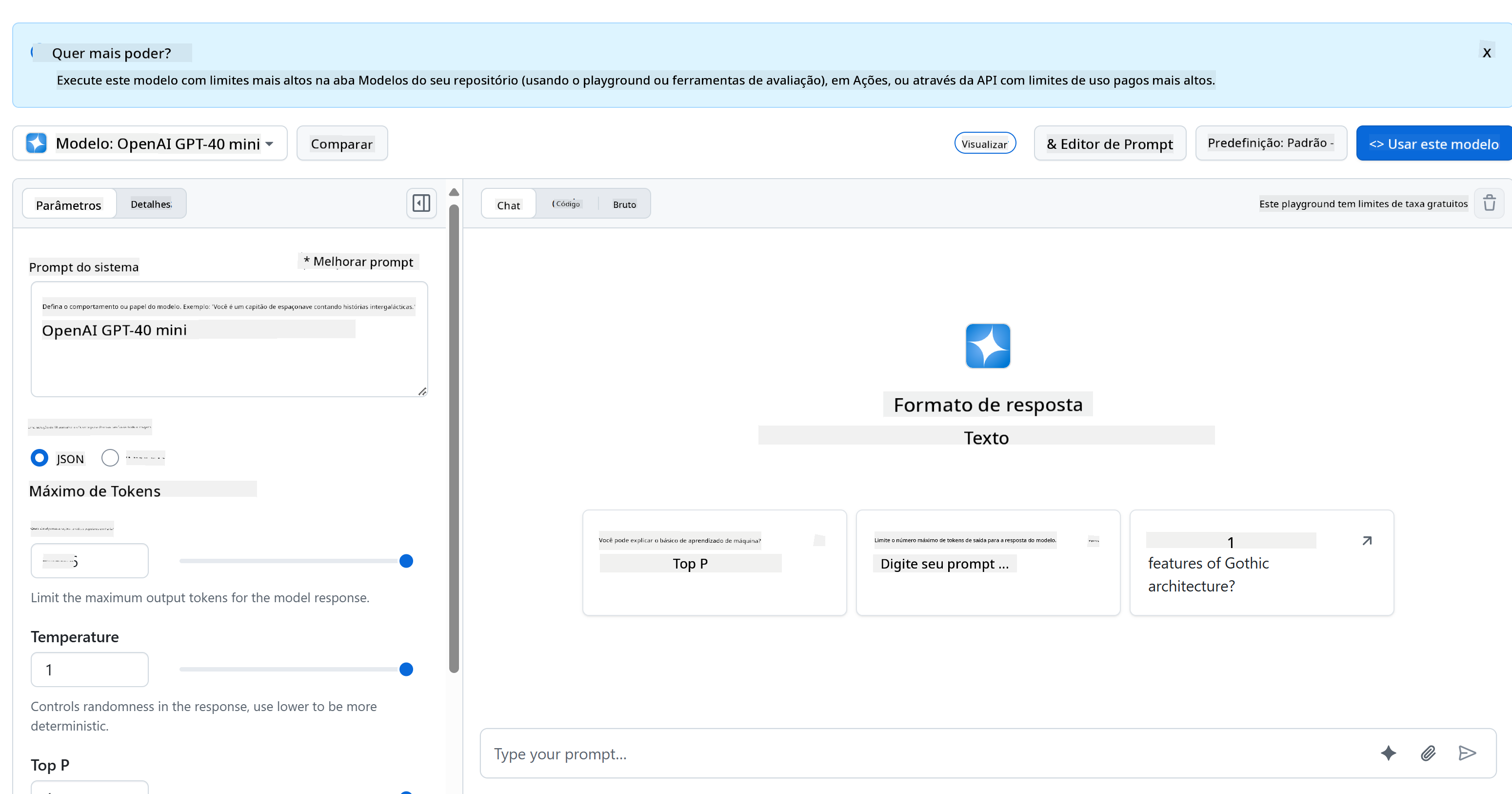 Interface do Playground de IA do GitHub Models com seleção de modelo e área de teste