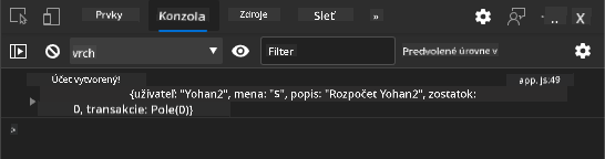 Snímka obrazovky zobrazujúca log správu v konzole prehliadača