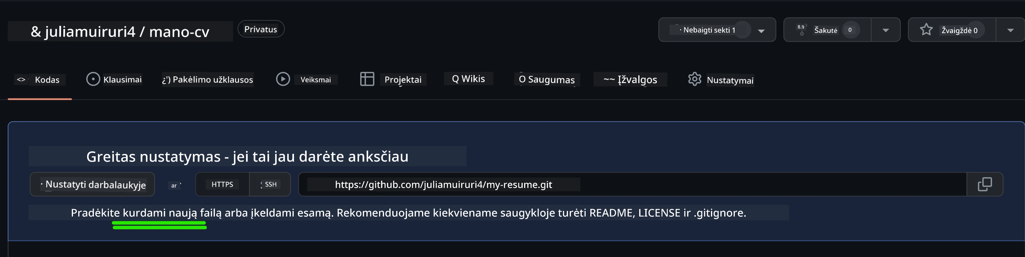 Naujo failo kūrimas GitHub