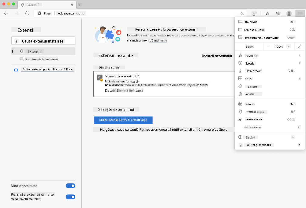 captură de ecran a browserului Edge care arată pagina edge://extensions deschisă și meniul de setări deschis