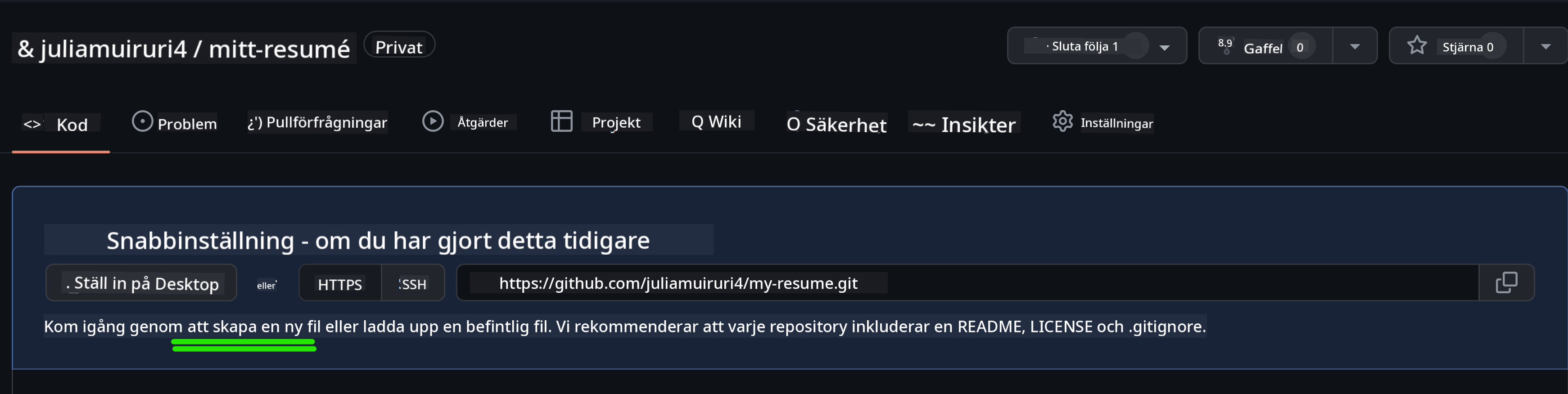 Skapa initial fil på GitHub