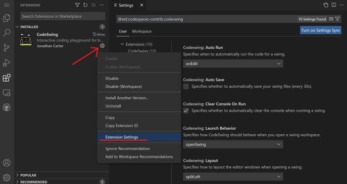 Customizing extension settings