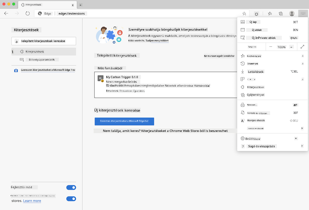 képernyőkép az Edge böngészőről, amelyen az edge://extensions oldal és a beállítások menü látható
