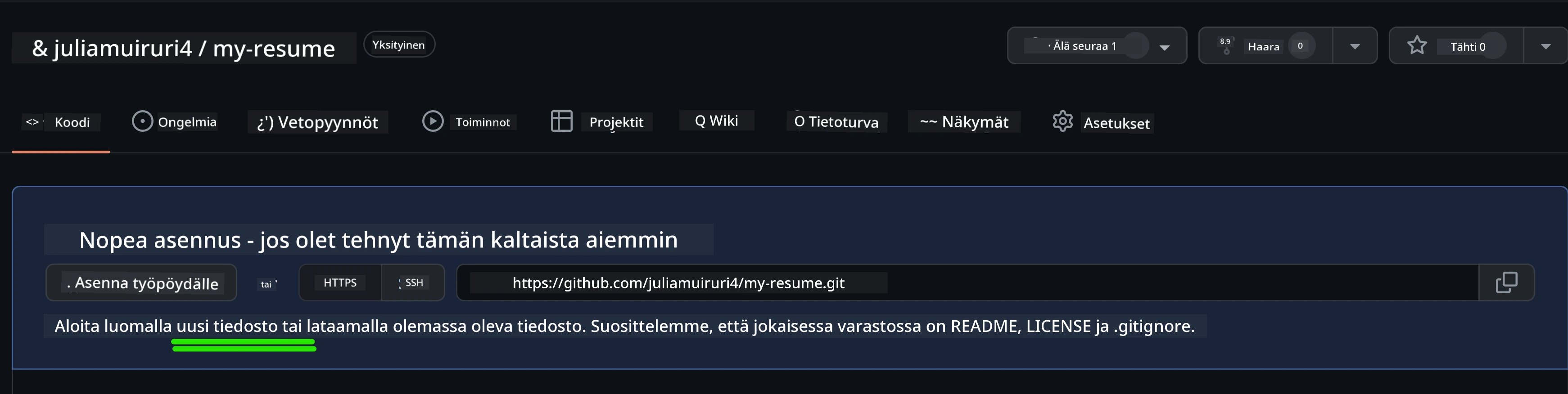 Luodaan alkuperäinen tiedosto GitHubissa