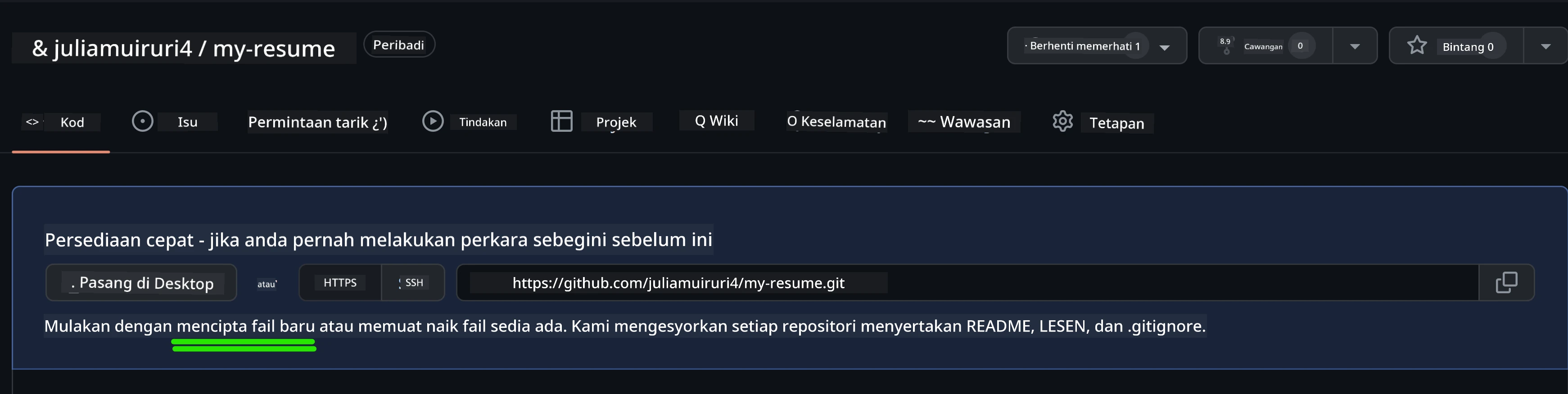 Mencipta fail awal di GitHub