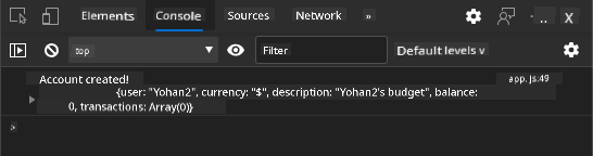 Screenshot showing log message in the browser console