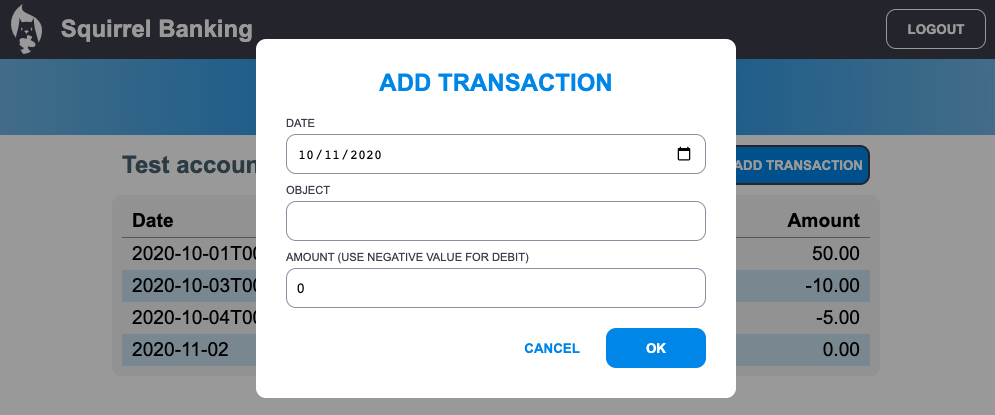 Screenshot showing an example "Add transaction" dialog