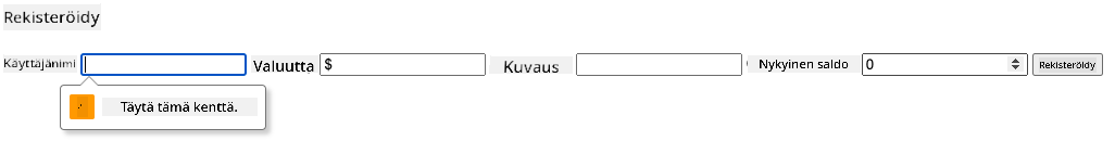 Näyttökuva validointivirheestä lomaketta lähetettäessä