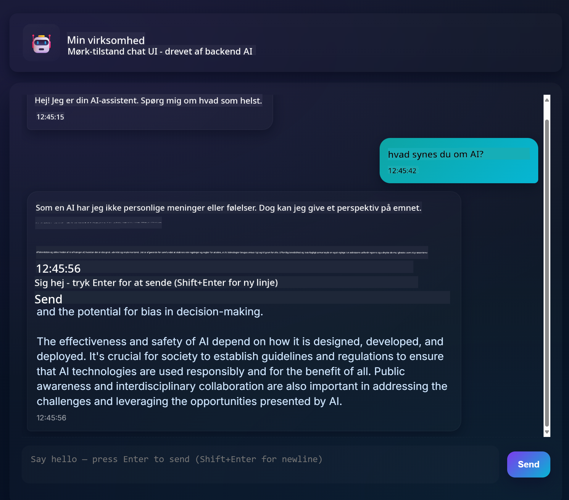 Chat-app-grænseflade, der viser en samtale mellem bruger og AI-assistent