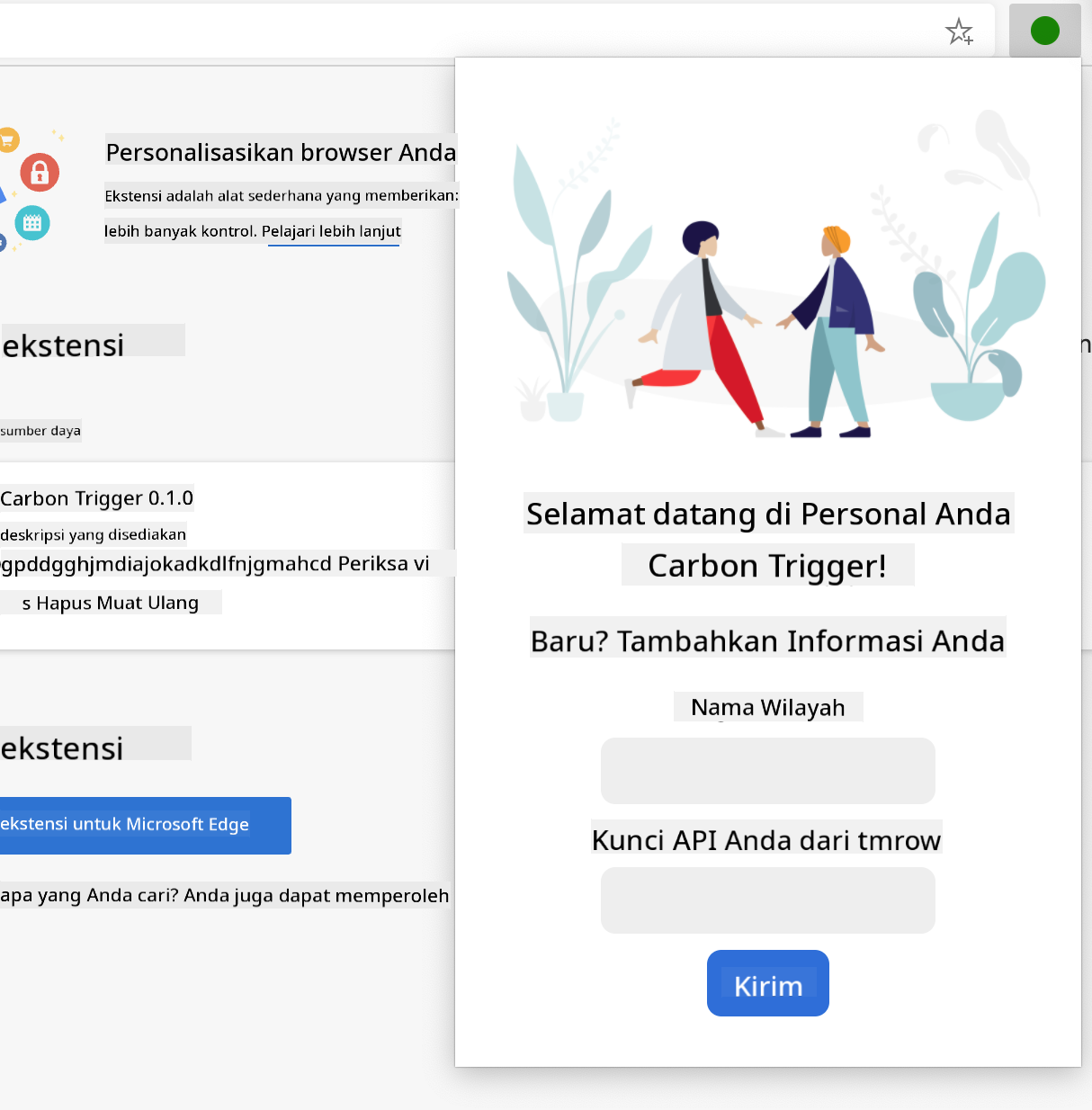 tangkapan layar ekstensi selesai terbuka di browser, menampilkan formulir dengan input untuk nama wilayah dan kunci API.