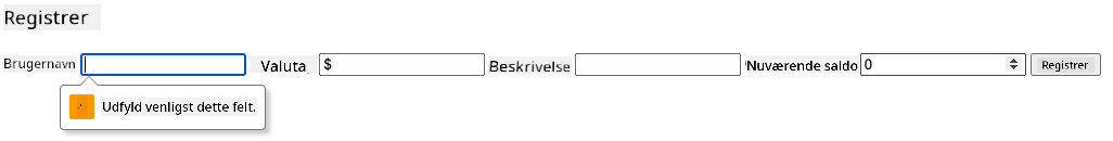 Skærmbillede, der viser valideringsfejl ved forsøg på at indsende formularen