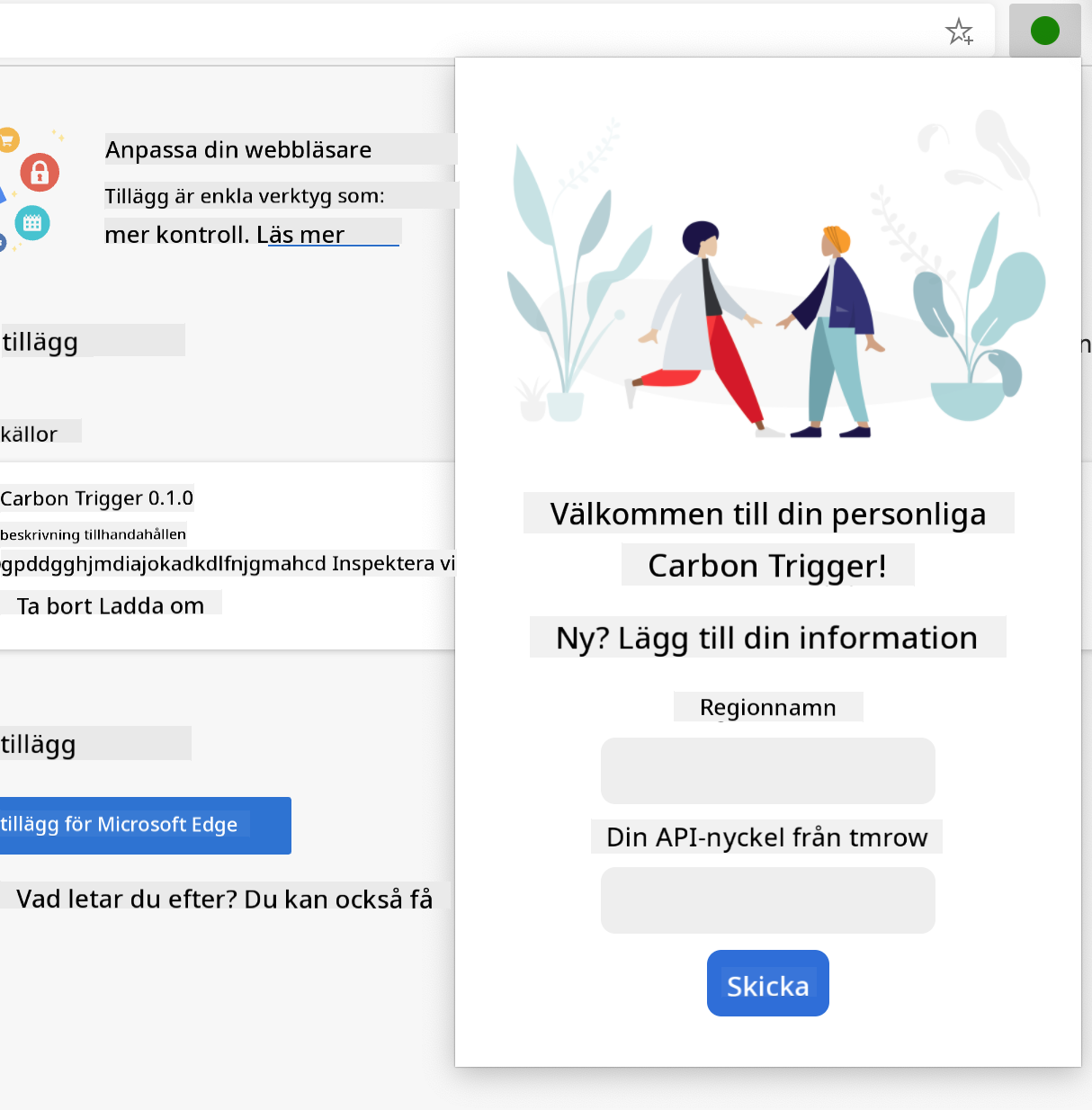 Skärmdump av det färdiga tillägget öppet i en webbläsare, som visar ett formulär med inmatningar för regionnamn och API-nyckel.