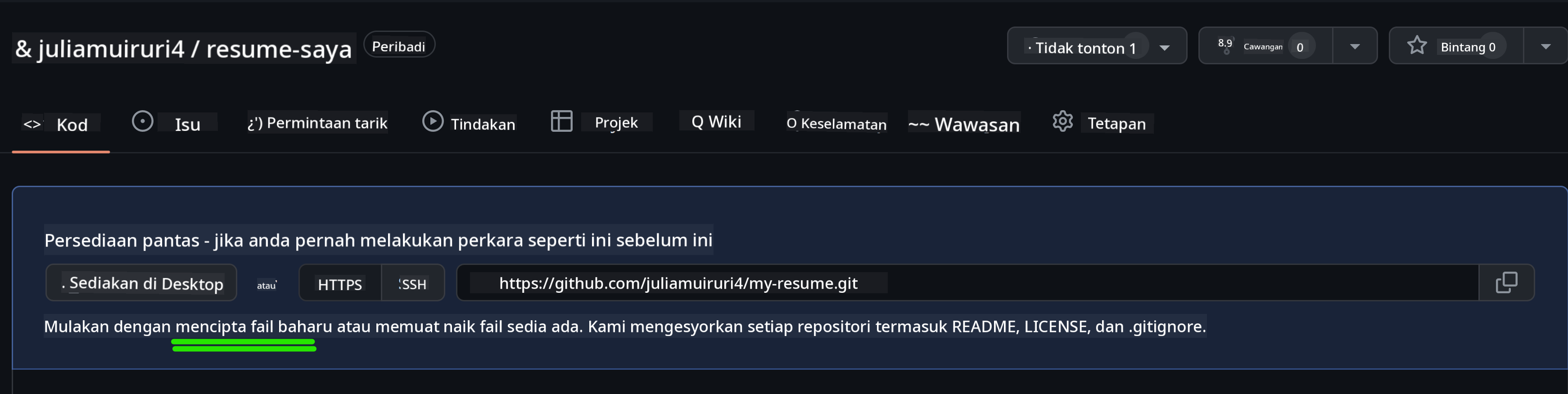Mencipta fail awal di GitHub