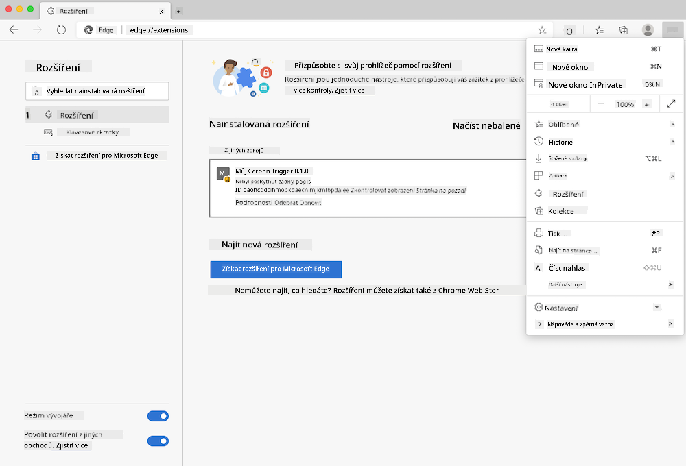 snímek obrazovky prohlížeče Edge zobrazující otevřenou stránku edge://extensions a otevřené nastavení