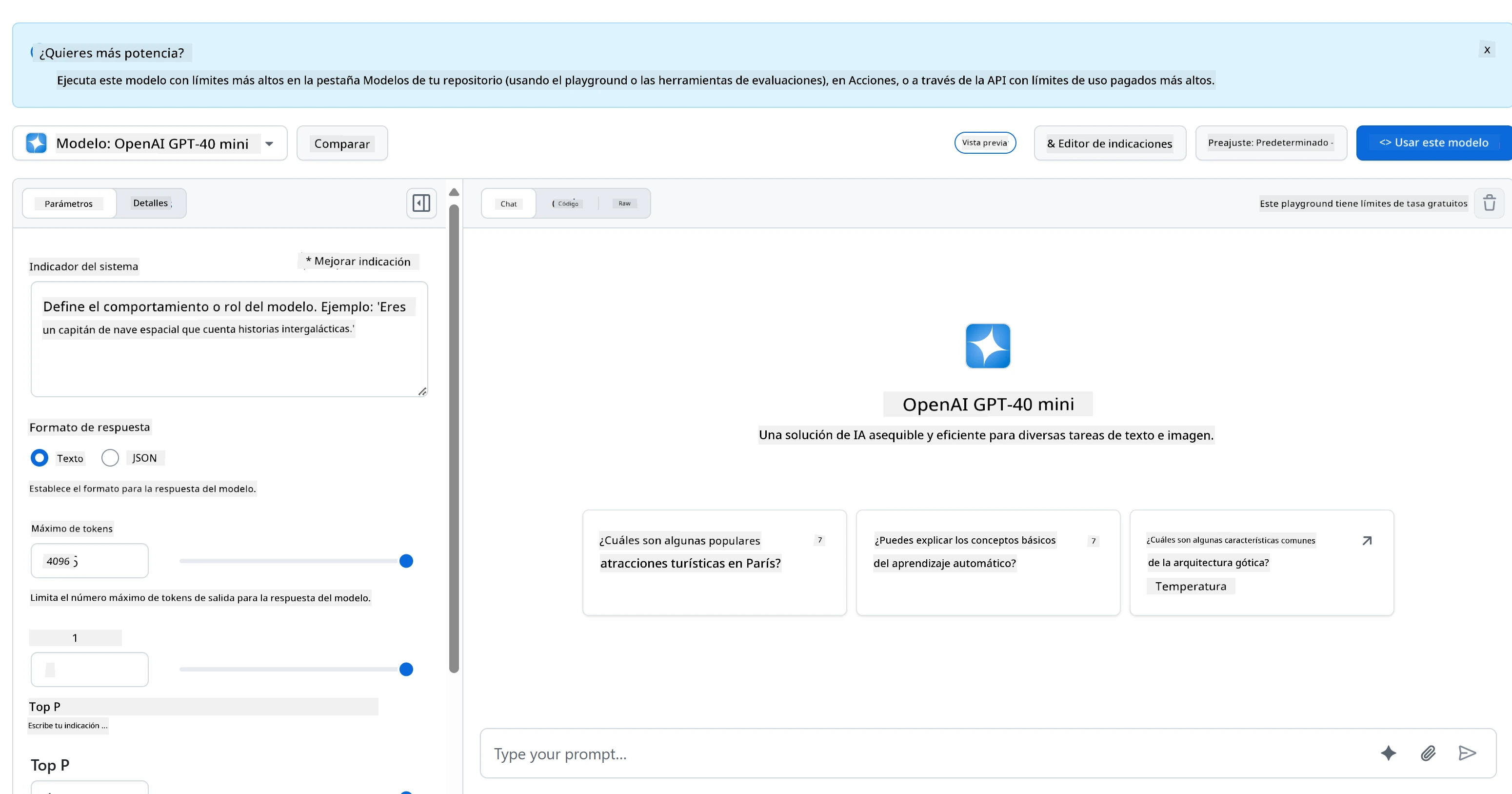 Interfaz GitHub Models AI Playground con selección de modelo y área de prueba