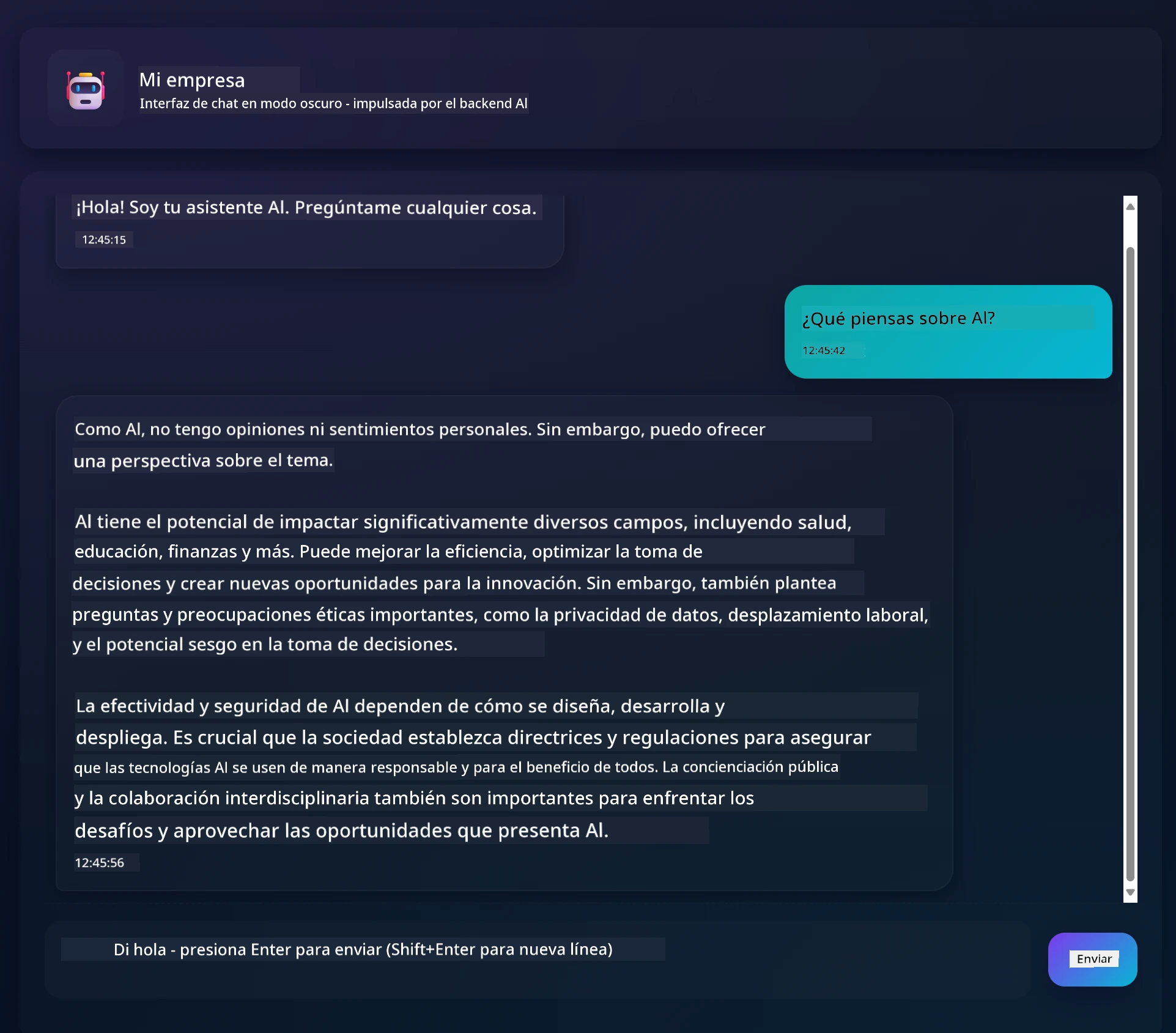 Interfaz de app de chat mostrando conversación entre usuario y asistente de IA