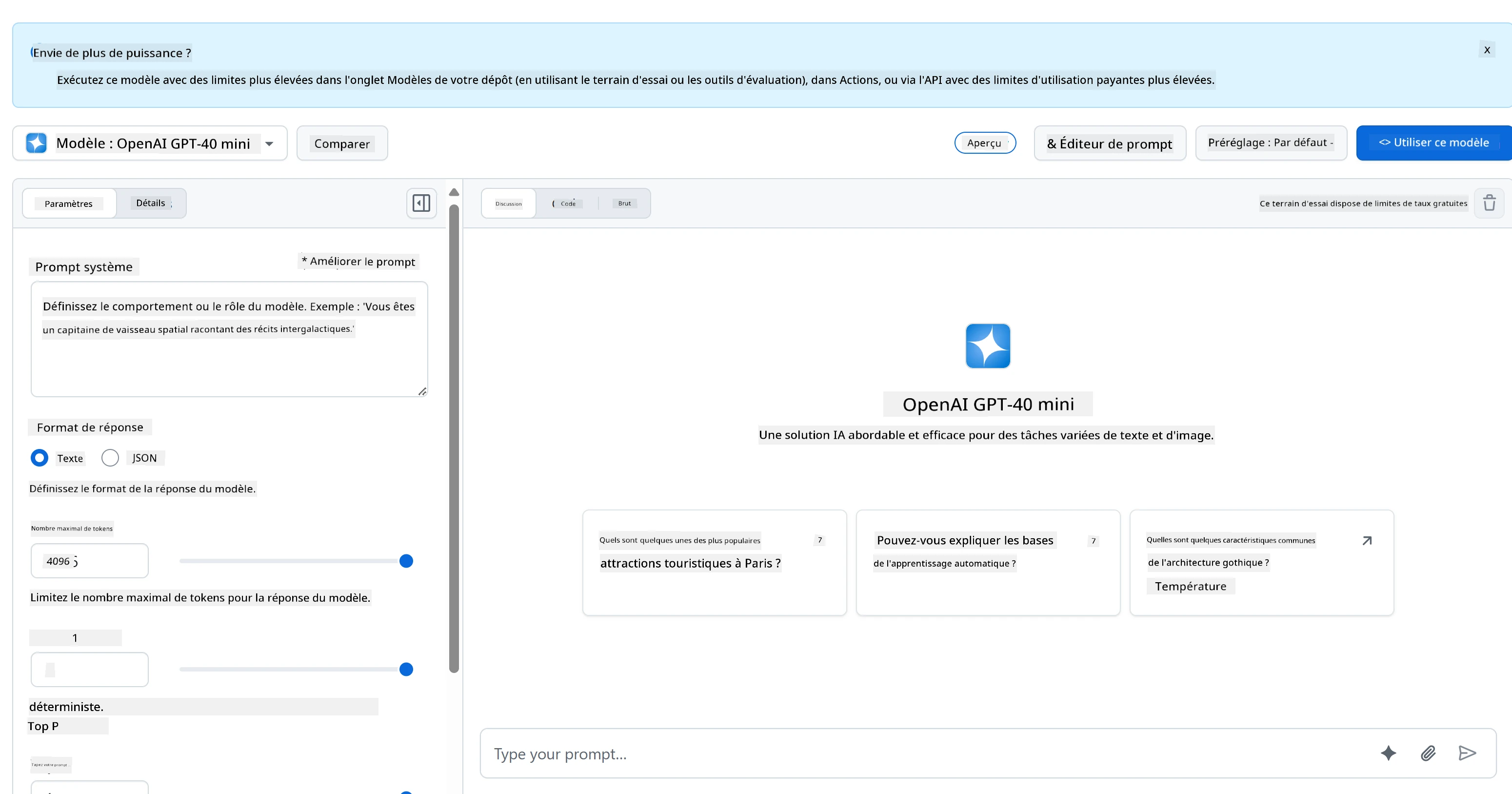 Interface du GitHub Models AI Playground avec sélection de modèle et zone de test