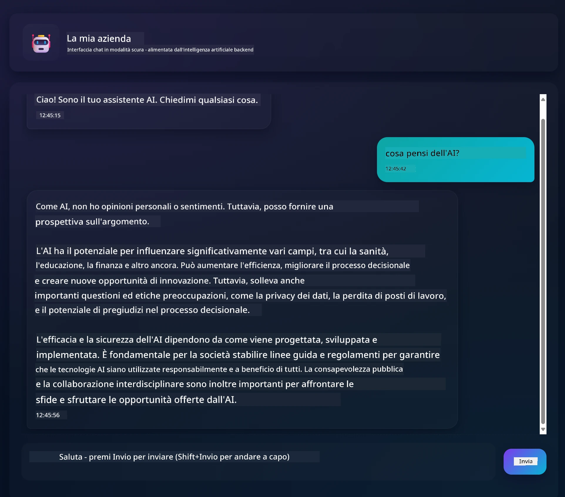 Interfaccia dell'app di chat che mostra una conversazione tra utente e assistente AI